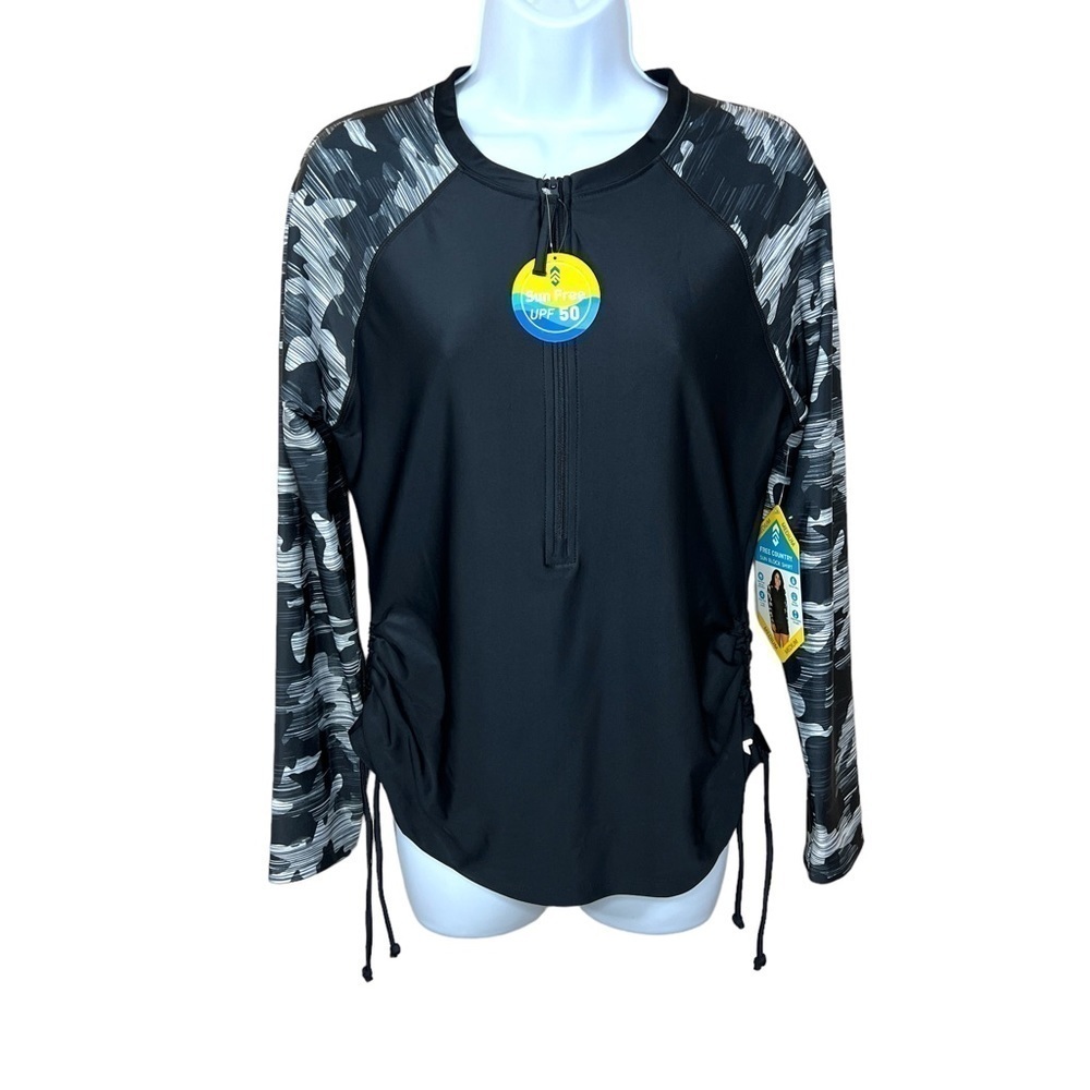 NEW Free Country Black Grey Camo Long Sleeve UPF 50 Swim Top Swimwear Medium